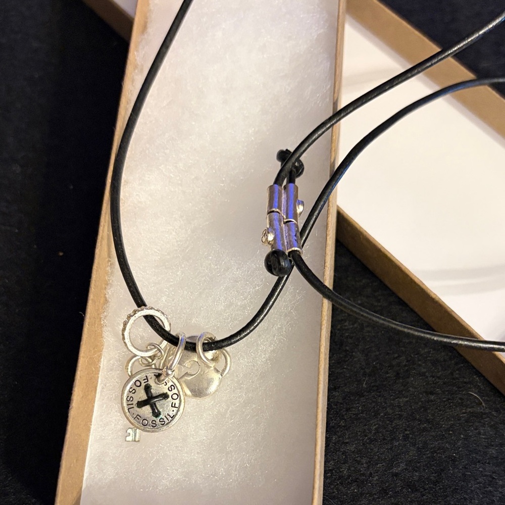 Fossil Black Leather Necklace with Silver Charms